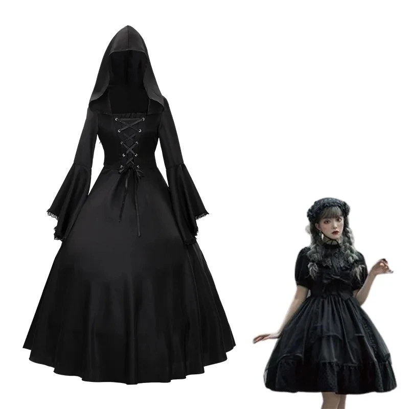 Fashion Vintage Retro Popular Women's Gothic Dress with Hood Medieval Costume Corset Renaissance Dress Victorian Witch Dress
