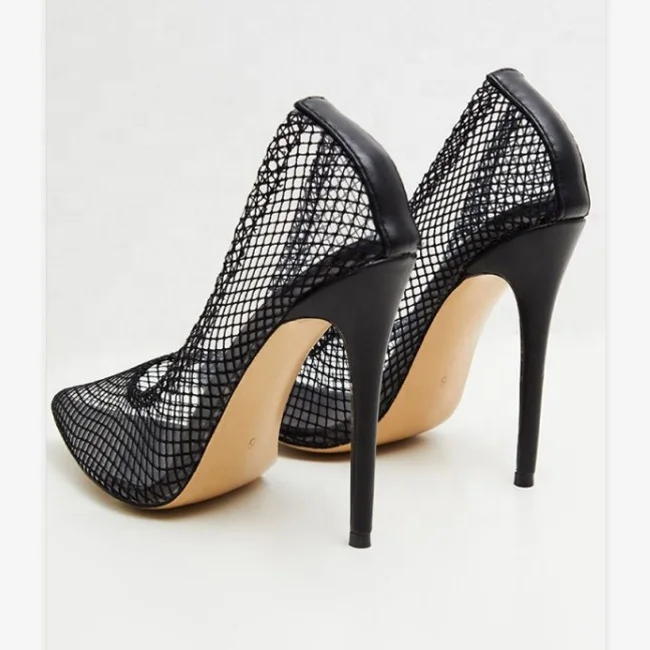 Women Sexy Fishnet Stiletto Dress Shoes Black Grid Mesh Pumps Ladies Pointed Toe High-heeled Slip on Footwear