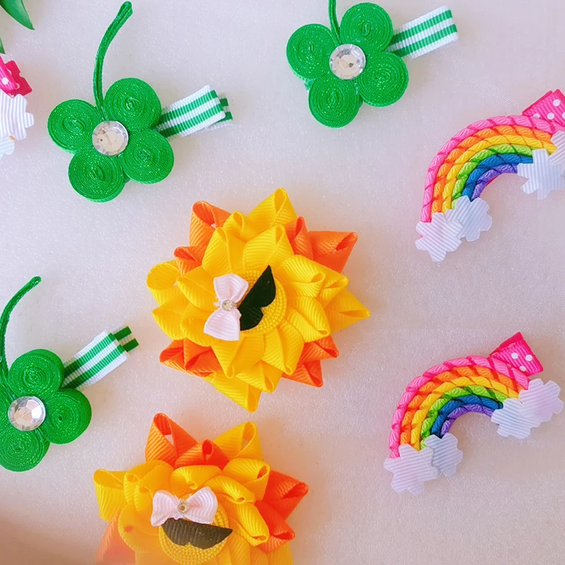 Grosgrain Ribbon Boutique Hair Bow Gradient Rainbow Hair Clip for Girls Flower Hair Accessories