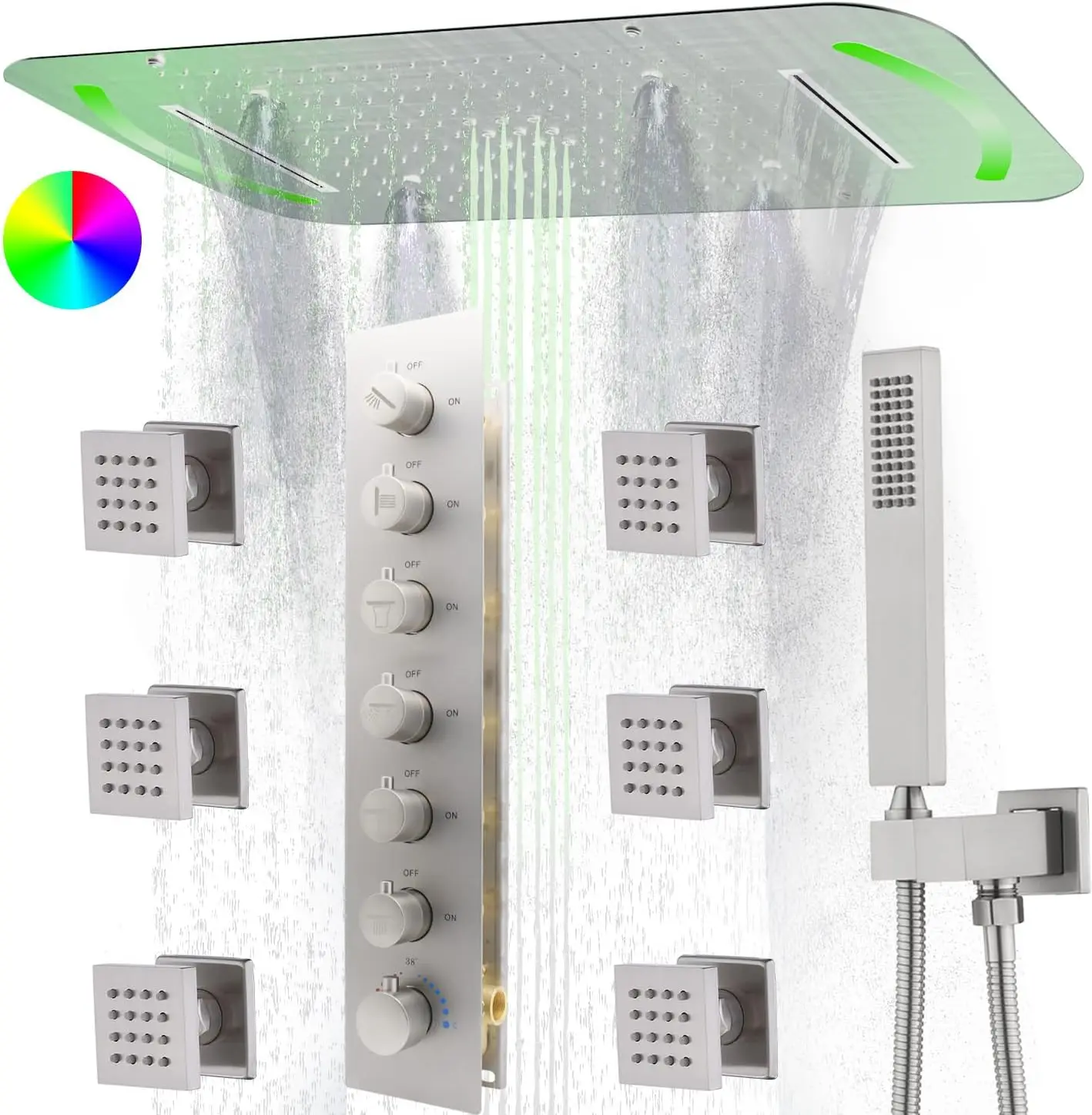 4 Functions LED chrome rain spa square bathroom shower wall mounted shower system