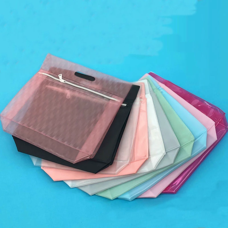Recyclable custom logo pvc ziplock bag cosmetics travel storage pouch bottom gusset stand up zipper bag with handle