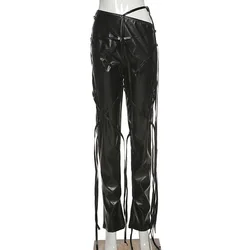 Personalized inclined Skinny Ribbons high waisted pleated leggings Tassel Faux ribbon casual Pu leather lace up pants women