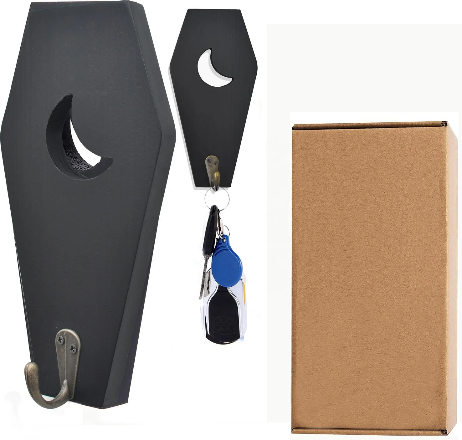 2 PCS Rustic Wall Mounted Coffin Key Holder Spooky Gothic Home Decor Halloween Decor Black Wooden Hanger Hooks for Keys Mugs