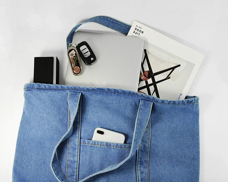 Wholesale Custom Logo Eco Recycled Fashion Denim Fabric Grocery Jean Tote Bags Denim Tote Bag