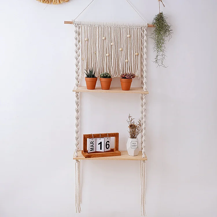 Custom Made Home Decor 2 Tier Rack Flower Pot Holder Woven Macrame Wood Wall Hanging Shelves