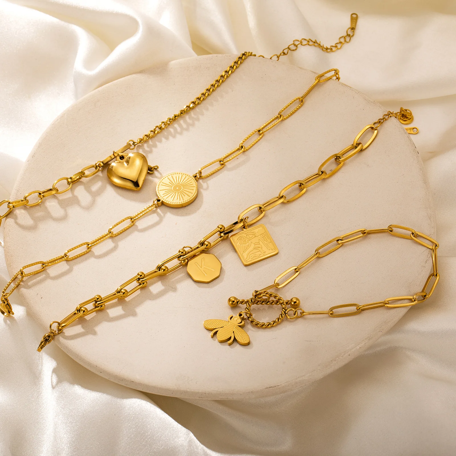 New Vintage Double Layer 18K Gold Plated High Quality Stainless Steel Heart Zircon Snake Chain Pendant Bracelet For Women