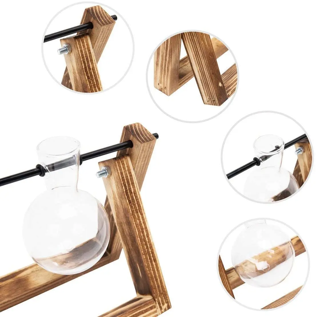 3 Tubes Hydroponic Wooden Frame Flower Home Decor Propagation Station Transparent Crystal Terrarium Flower Glass Vase