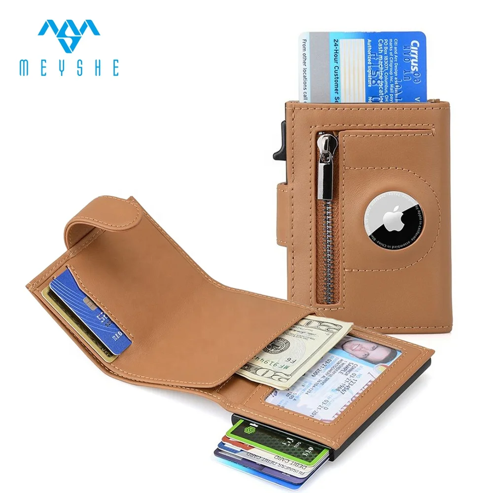 Slim Genuine Leather RFID Blocking Card Holder Wallet with AirTag Case and Side Push to Hold Cards IDs Cash