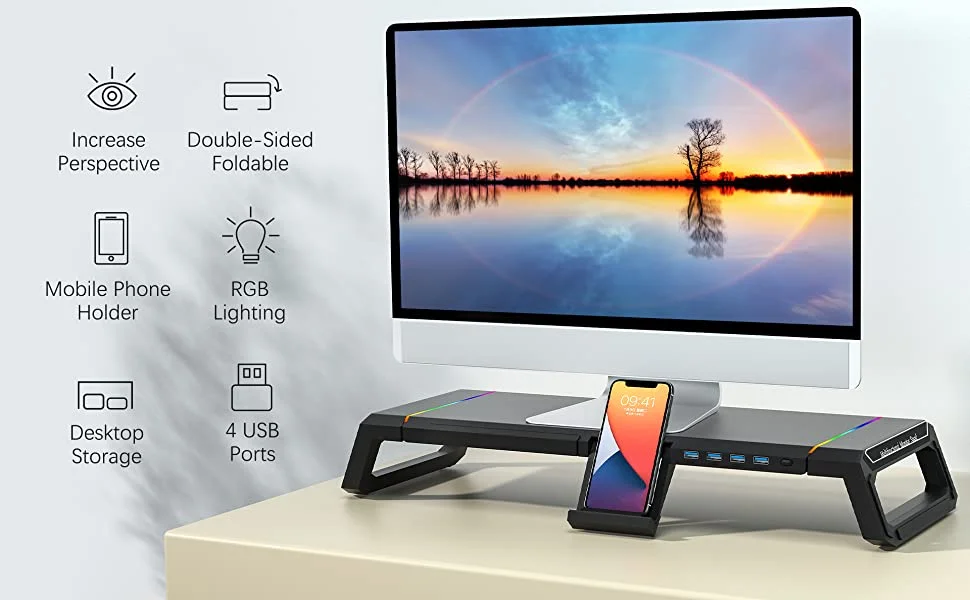 Home Office Desktop Foldable Gaming Lights Computer RGB Monitor Riser Stand with USB HUB and drawer