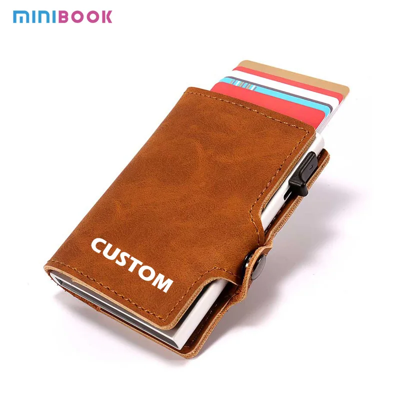 Factory Price Vintage Look Aluminum Case For Man Leather Credit Card Holder With Money Pocket RFID Slim Pop Up Minimalist Wallet