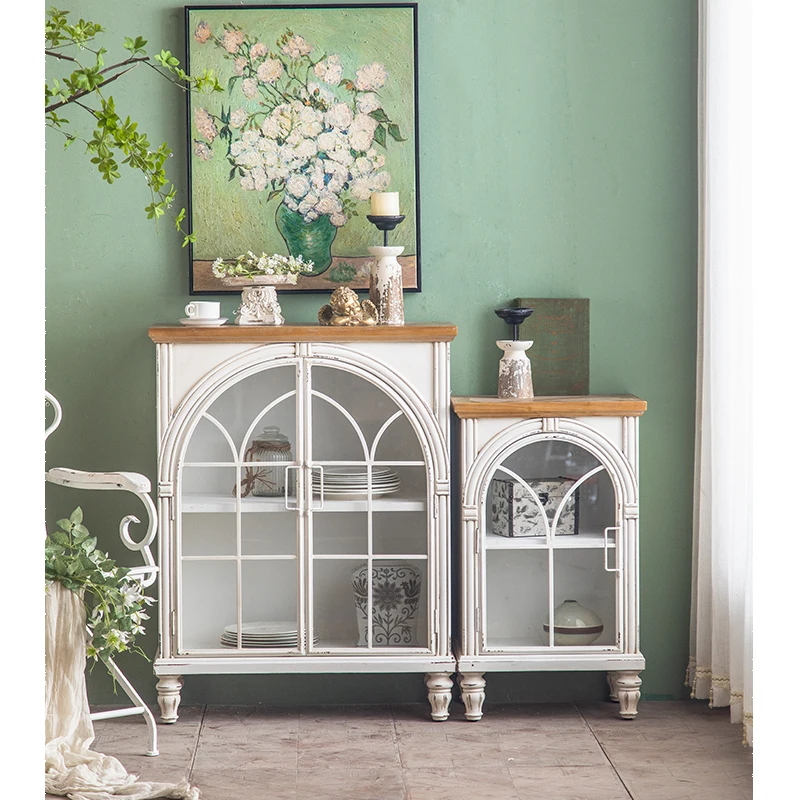 Contemporary European Vintage Kitchen Retro White Wood Storage Cabinet Showcase Display Stand Dining Living Room Furniture
