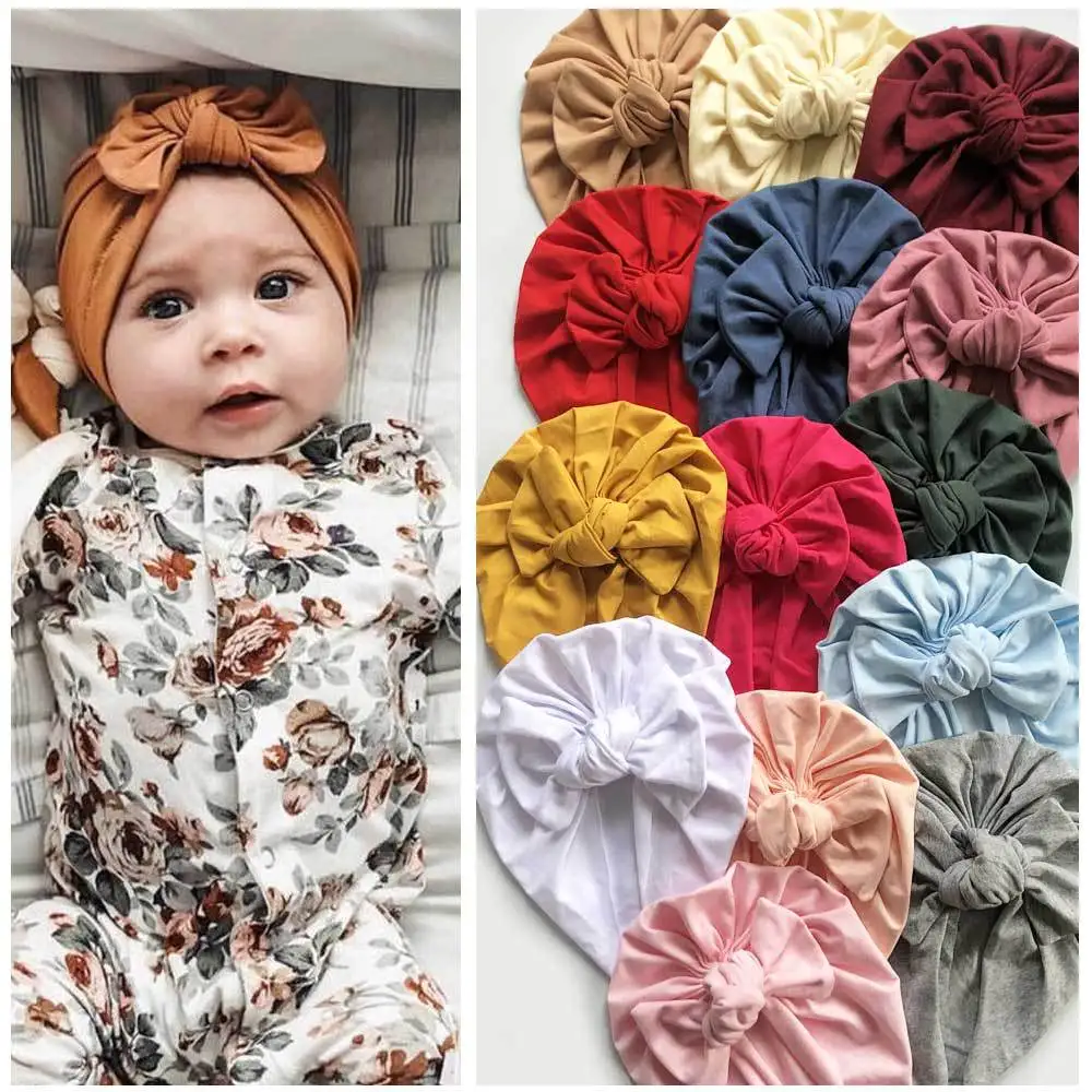 Cute Bows Baby Girls Hat Solid Cotton Hat Beanie Turban Infant Toddler Kids Hat Bonnet Newborn Photography Props