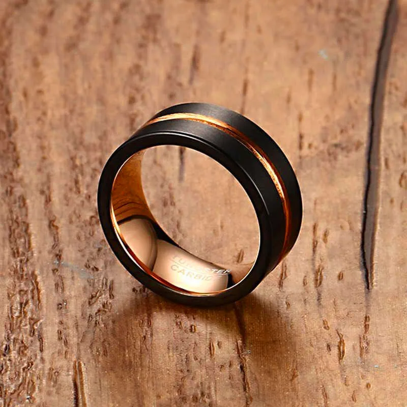 
Mens Tungsten Black Brushed Tungsten Carbide Ring Rose Gold-color Inlay Groove Flat Cut Edge Men Wedding Rings Male Jewelry 