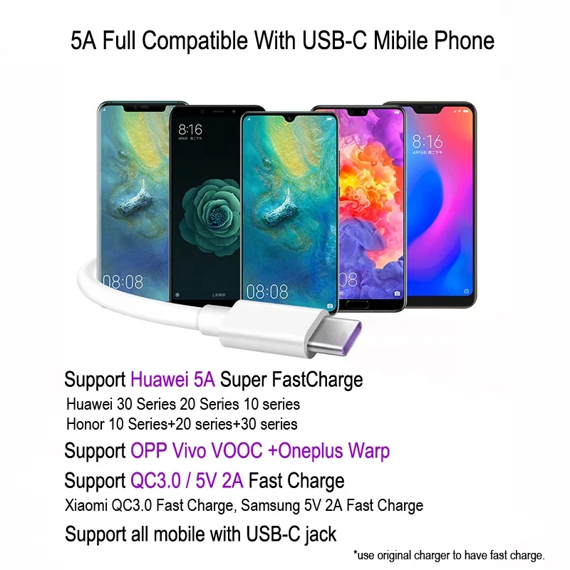 Кабель для передачи данных и быстрой зарядки премиум-класса, 1 м, 3,3 фута, USB Type-C, 5 А, для Samsung, Huawei, Oneplus, Xiaomi