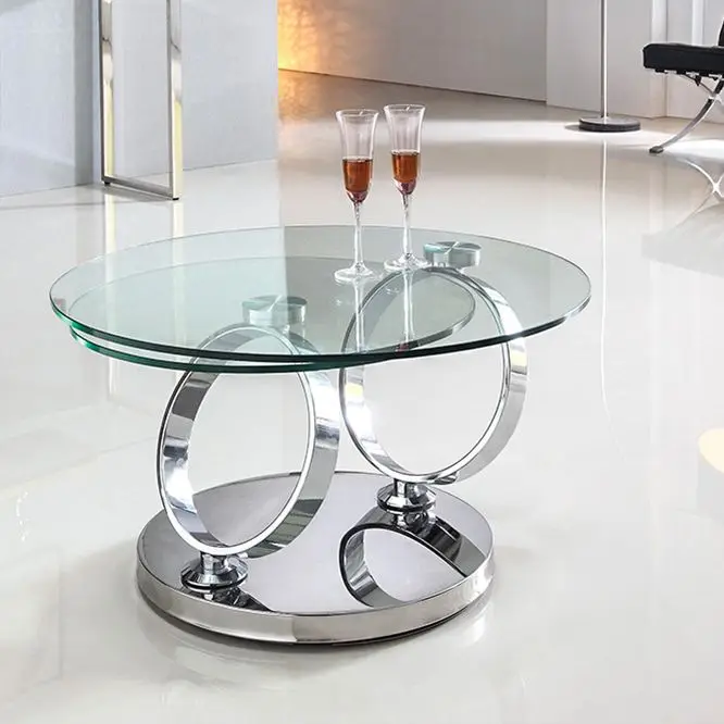 space saving furniture double-sided rotatable glass round coffee tea table convertible one and two tabletop frame mechanism