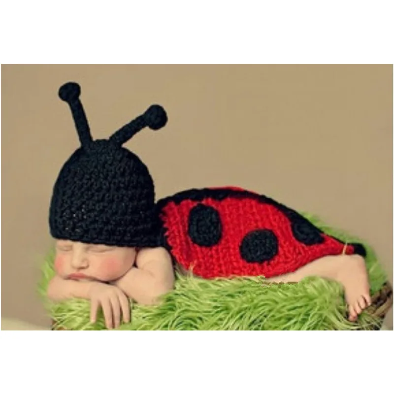 Baby Infant Costume Knitting Red Beetle Vest With Hat Clothes Set Newborn Baby Photo Props Photography Crochet Clothes Suit Set