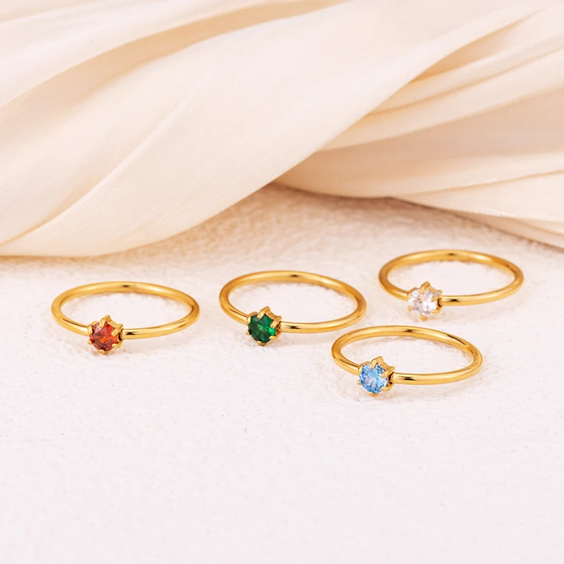 Women Engagement Fashion Stainless Steel Jewelry Rings 18K Gold Plated Six Claws Round Colorful Zircon Wedding Ring For Women
