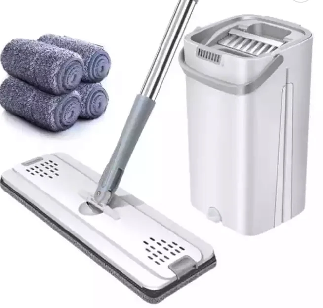 Home Floor Cleaning Tools Squeeze Mop Bucket Set with Stainless Steel Handle Microfiber Flat Mop Bucket Set