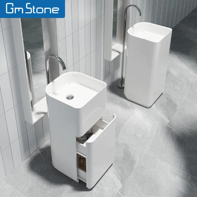 Newly Designed Italian White Marble Freestanding Wash Rectangular Pedestal Solid Surface Ceramic Sink Hotels Artificial Stone