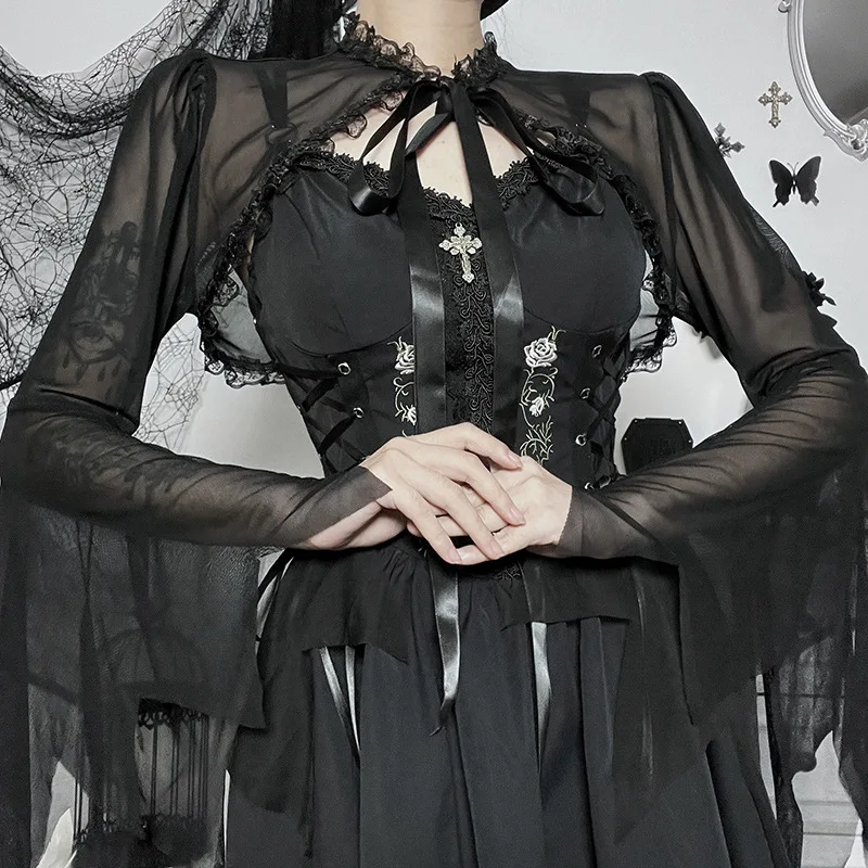 Stand collar lace stitching lace-up blouse Gothic punk dark style short sheer top for women