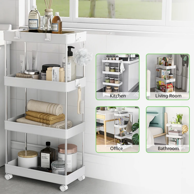 3 Tier Slim Storage Cart Mobile Shelving Unit Organizer Slide Out Rolling Utility Storage Cart