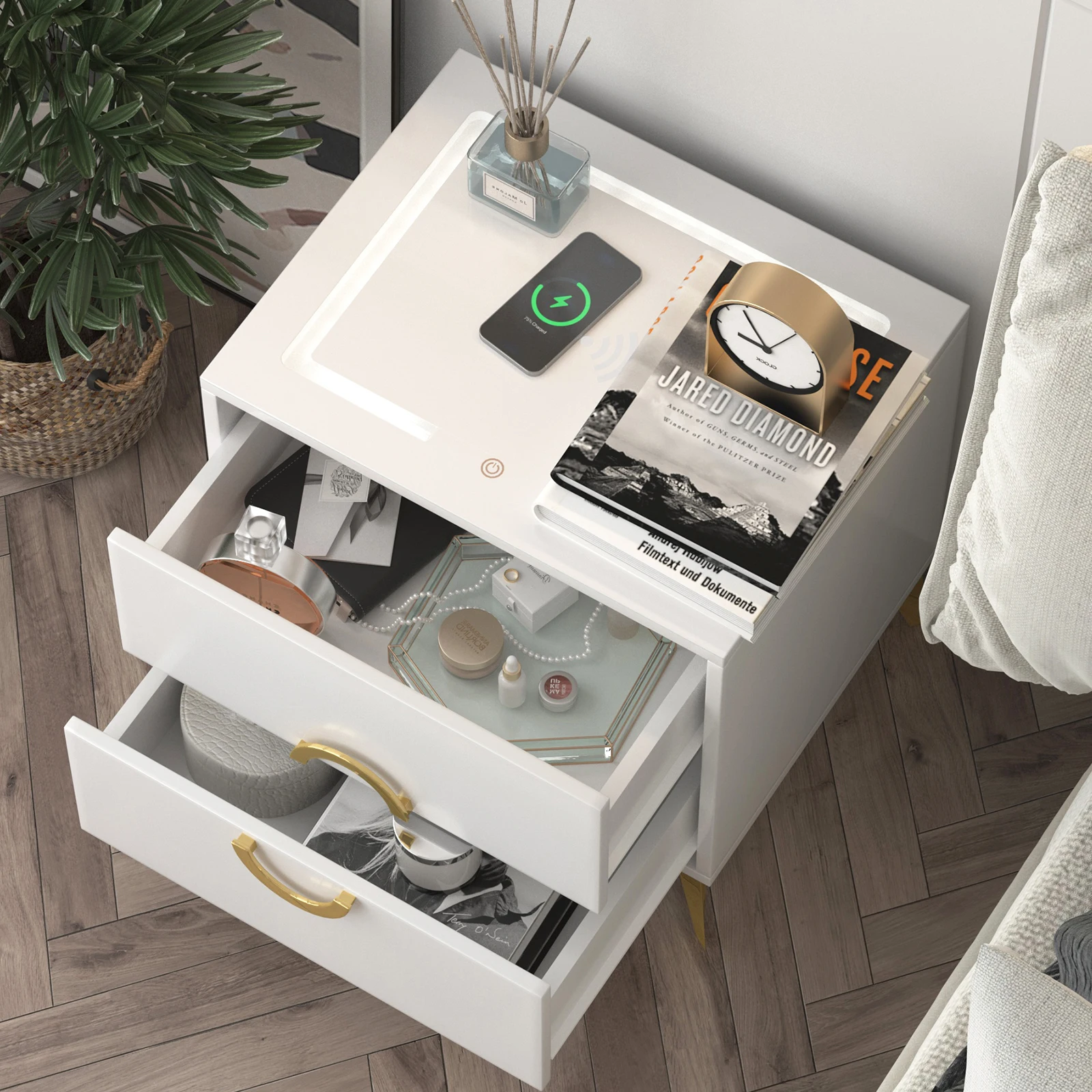 Bed Side Tables Wireless Charging Night Stand Wooden LED Smart Nightstand