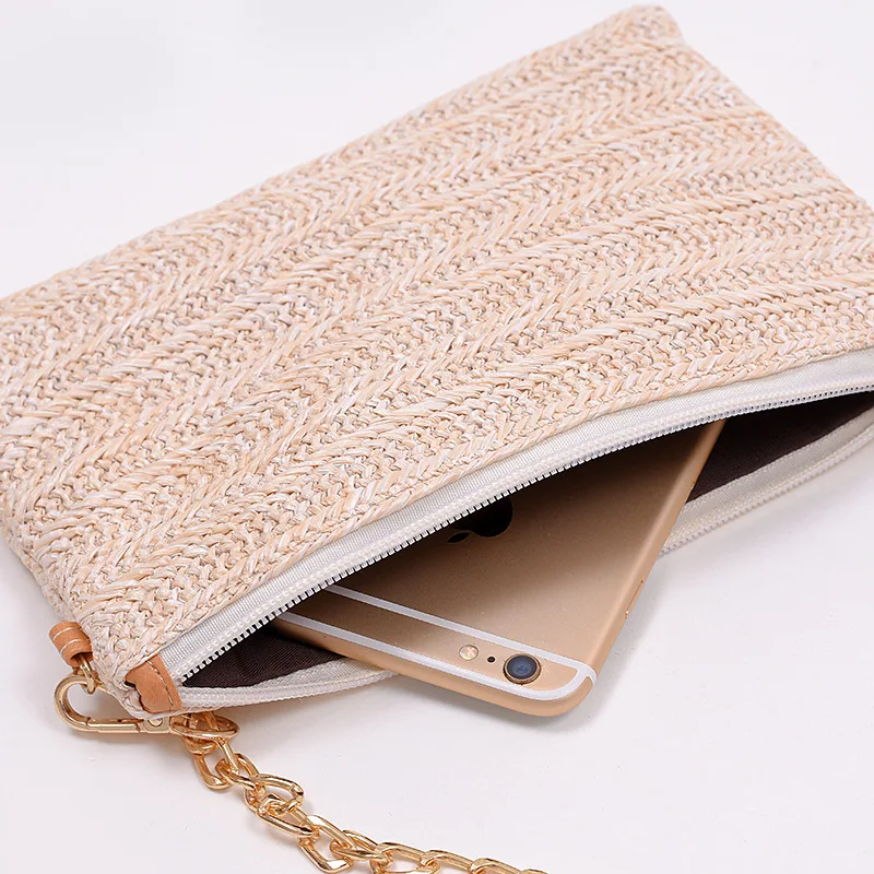 Chic Eco Friendly Handwoven Straw Crossbody Handbag Girl Summer Beach Gold Chain Square Zipper Clutch Bag Women Vacation Purse