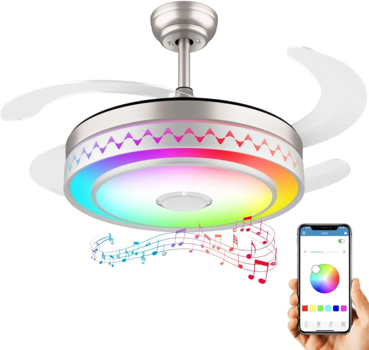 OEM Ceil Fan Light CCT Modern Chandelier Pendant Speaker 2.4G Remote App Color Changing Smart Music LED Ceiling Fan with Light