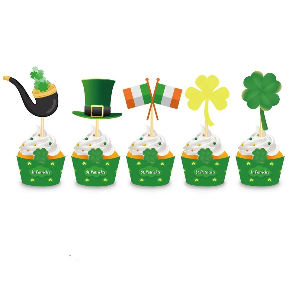 WB037 40 шт. День Святого Патрика товары для вечеринки счастливая трава капкейк топперы обертки