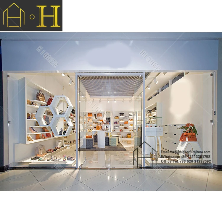 Customized High boots shoes showroom design wooden shoe display rack shoes shop layout