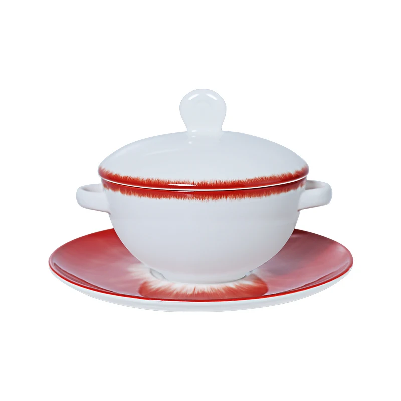 Decent Bone China Soup Bowls Saucer Dishes Red Color Tureen For Starts Restaurants Plates And Bowls Set