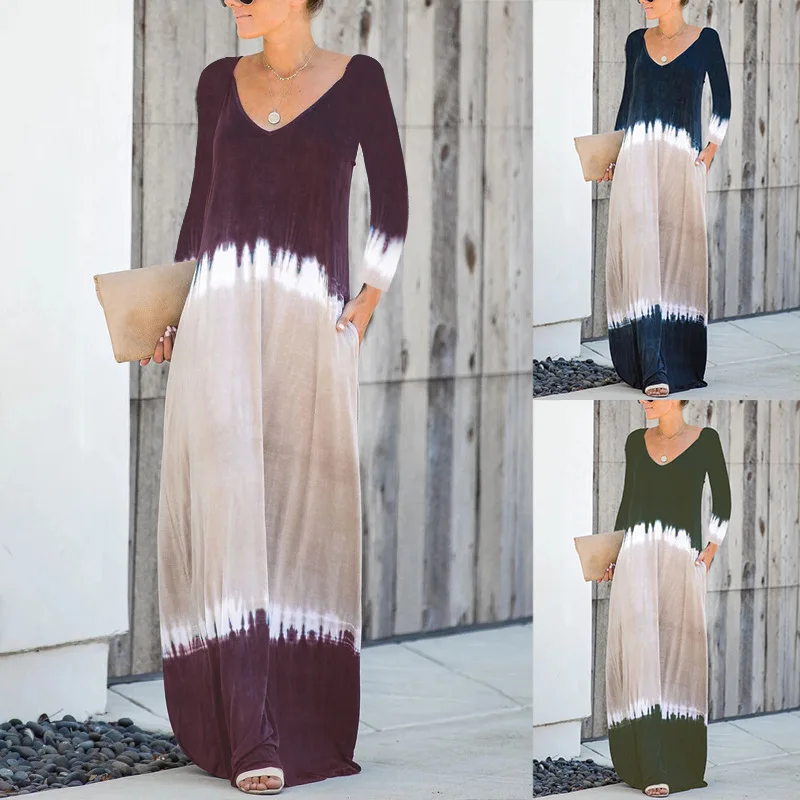 
Autumn Winter New V Neck Plus Size Printing Women Dress Long Sleeve Maxi Length Women Dress 