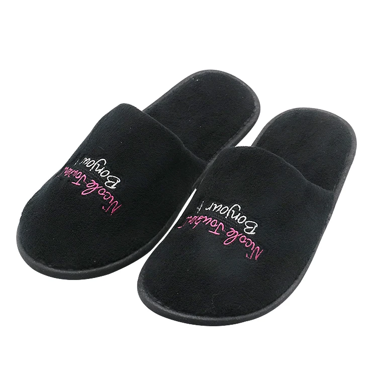 UG Cheap Custom Disposable Slippers Black Coral Fleece Bathroom Non-slip Slipper Hotel Spa Slippers for Guest