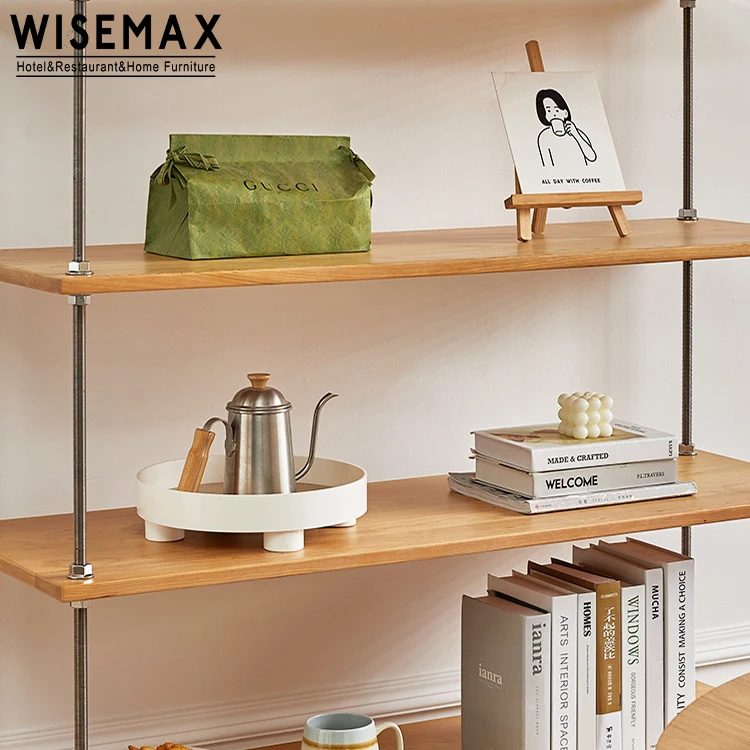 WISEMAX FURNITURE Modern Living Room Furniture Tall Metal Frame Ash Wood Board 5 Layers Shelf Cabinet for Bedroom