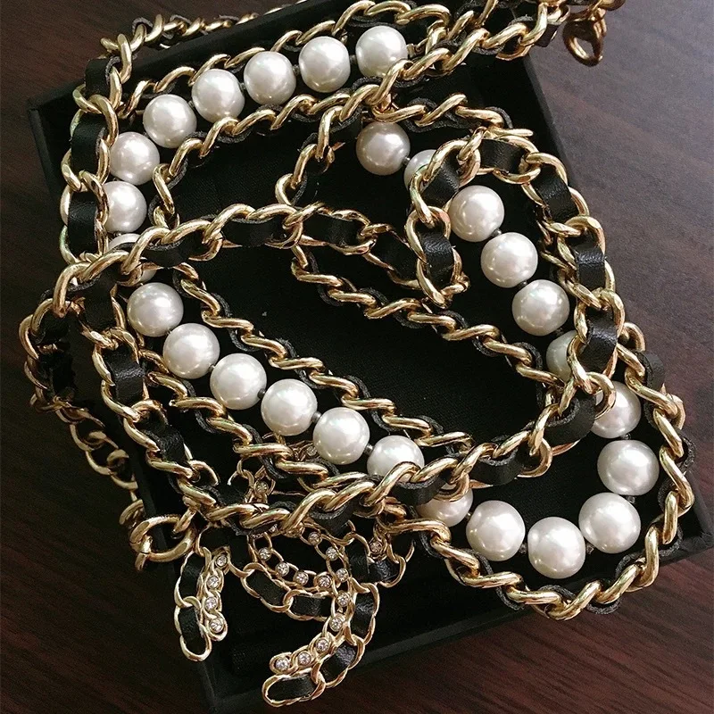 Black and gold alphabet waist chain imitation leather stringing rope pearl copper chain belt ladies dress accessory belt