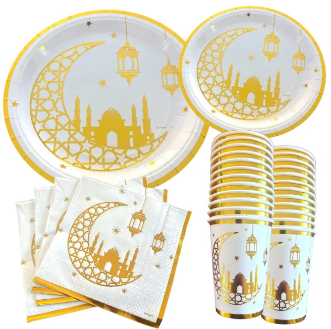 Gold Ramadan Eid Mubarak Decoration Dinner Plates Dessert Plates Cups Banner Table cover for Ramadan & Eid Muslim party supplies
