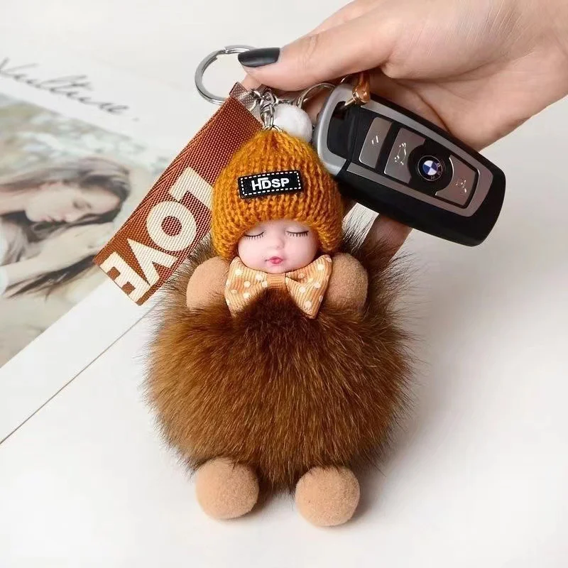 Kawaii Спящая Детская кукла плюшевая брелок с помпоном из кроличьего меха для ключей сумка Подвеска кулон рождественские подарки