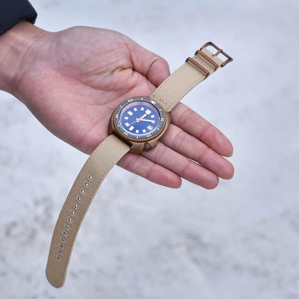 JUELONG Tan Stitching Eyelets Canvas Watch Band 18 20 22 24 Sail Cloth Bronze Buckle Watch Strap