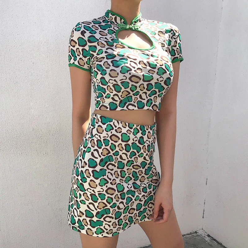 YH 2022 Summer Crop Tops Short Sleeve Sexy Cheongsam Style 2 Pieces Women Dress