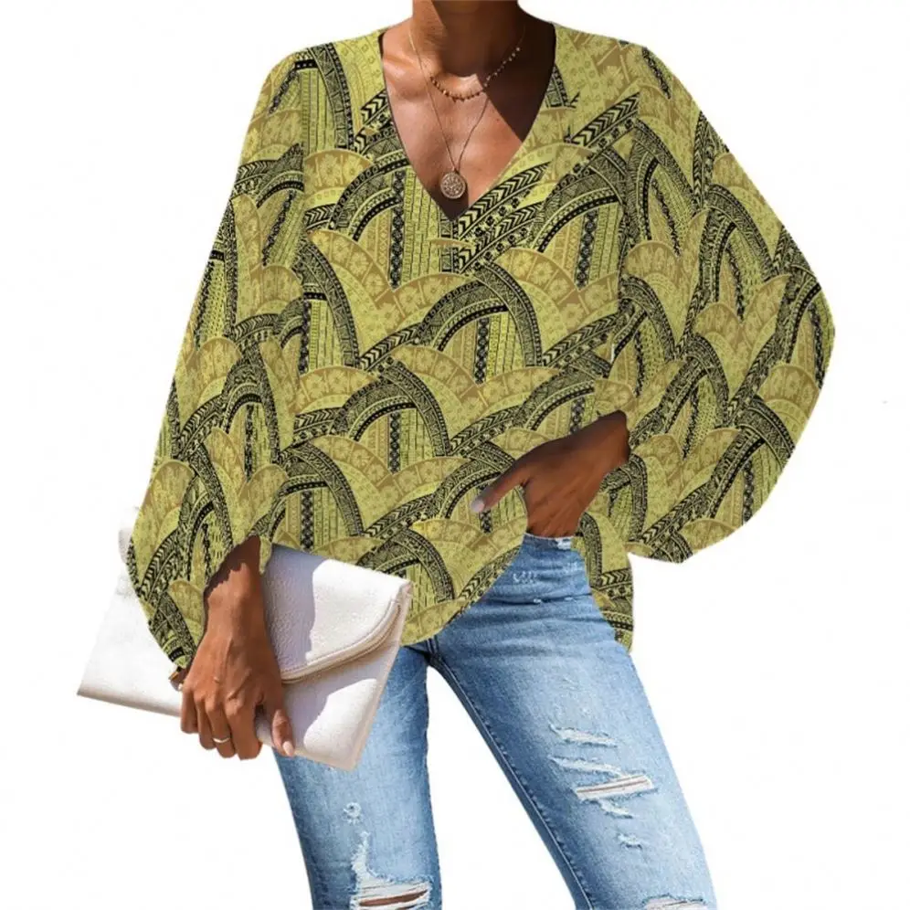 Casual Loose Long Sleeve Shirt Polynesia Tribe Samoa Green Floral Tops V-neck Female Beach Design Large Size Women Blouse Custom