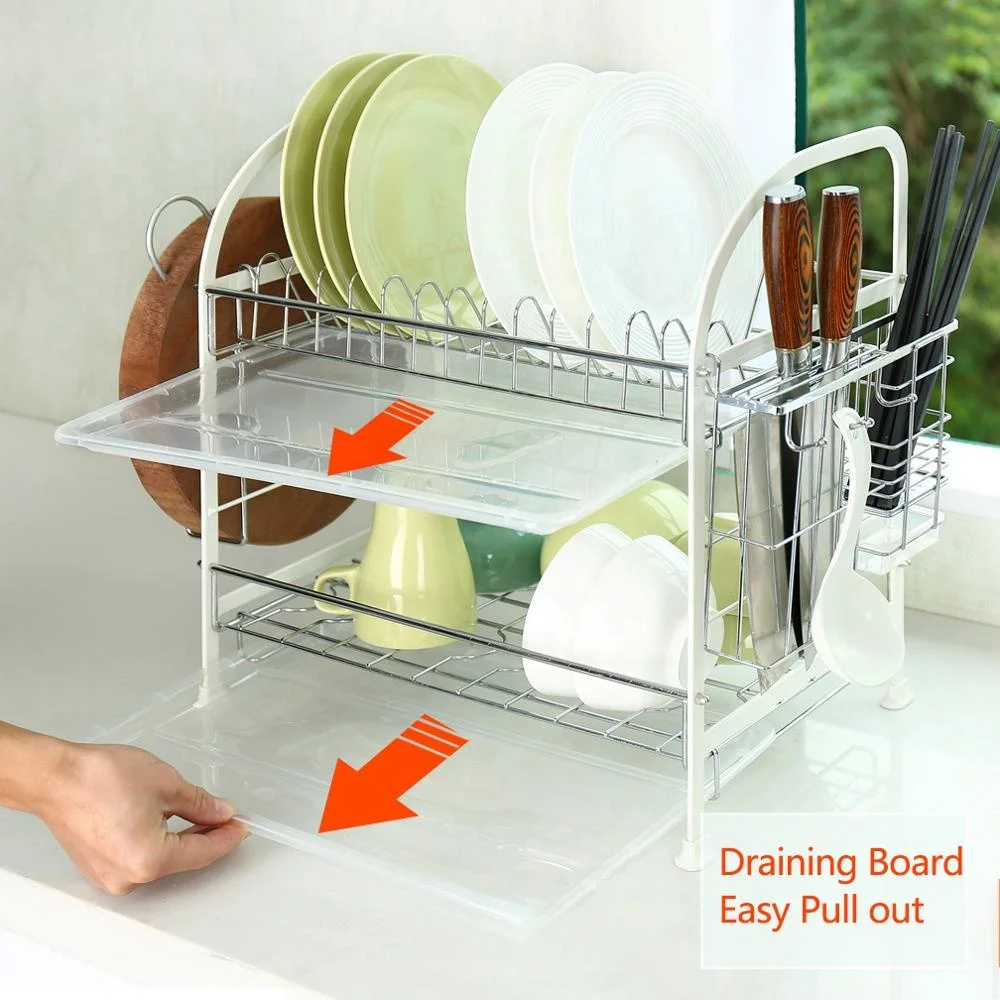 Large Capacity 2-Tier 201 Stainless Steel Utensil Dish Drying Rack Chopping Board Holder with Drain Board Chopsticks Container