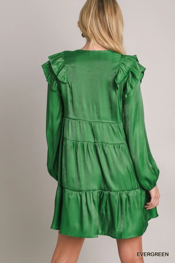 WINGTU Custom Private Label Ruffle Long Sleeves Shiny Metallic Tiered Women Mini Dress