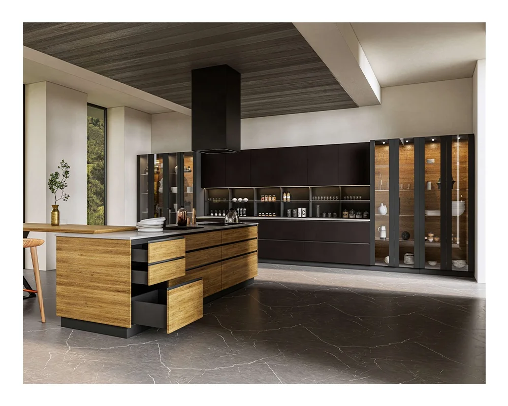 Customized Modern Design Smart Kitchen Automatic Electric Door Kitchen Cabinets with Lifting Island