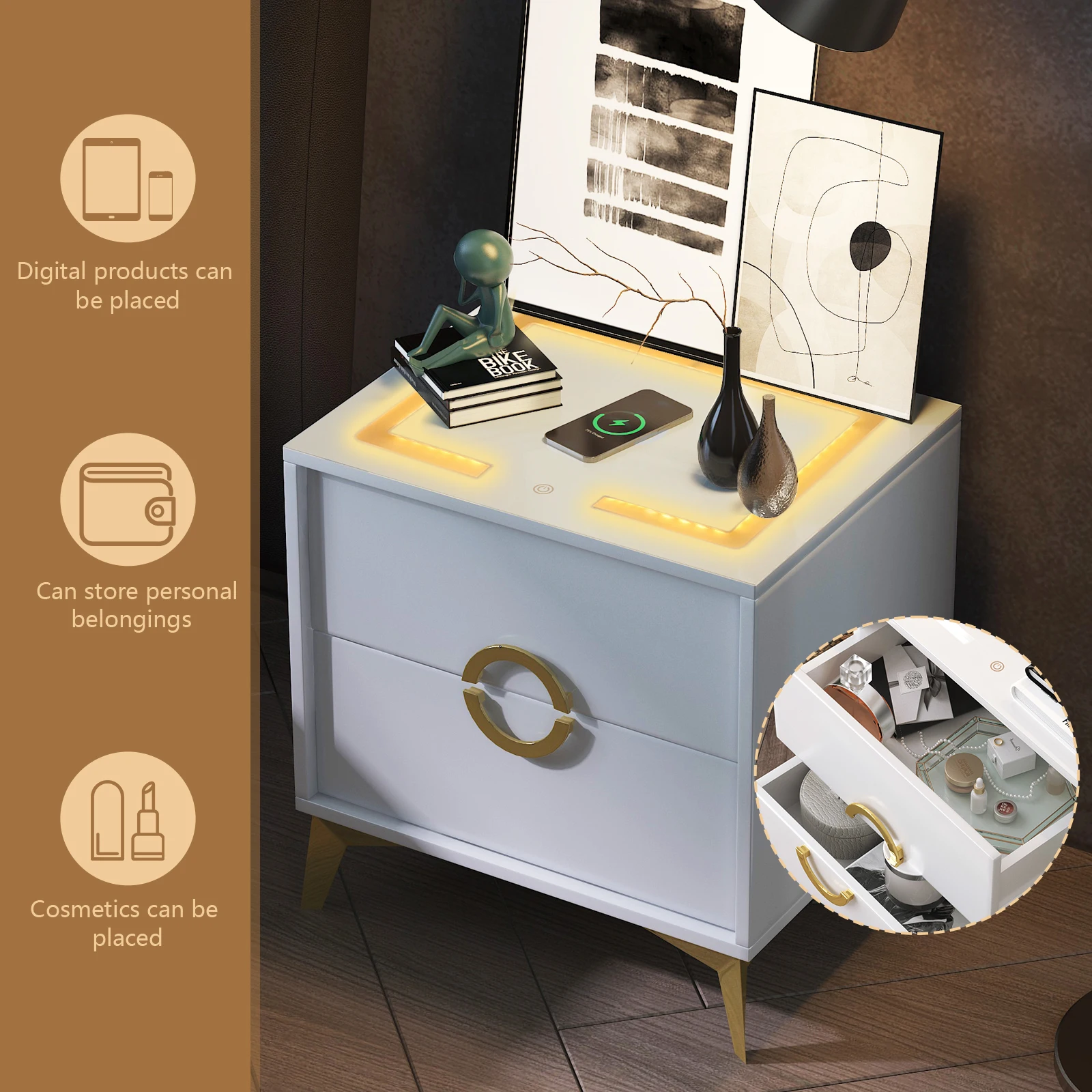 Bed Side Tables Wireless Charging Night Stand Wooden LED Smart Nightstand