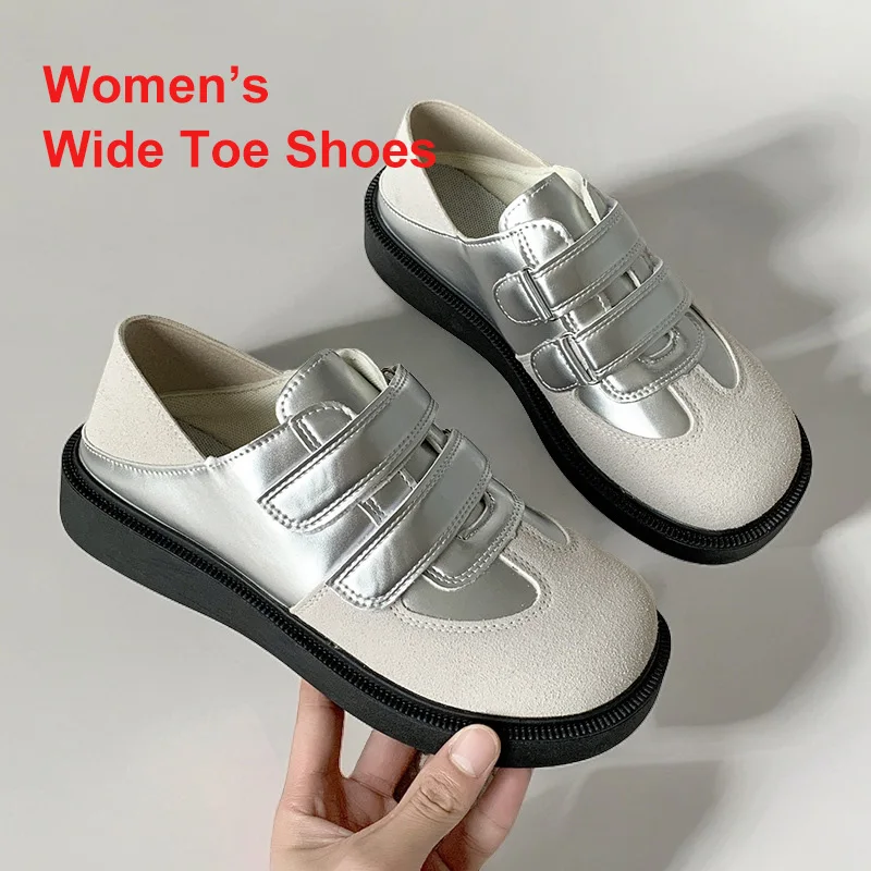 2024 Vintage Velcro Wide Toe Shoes High Quality women Fashionable Spring Summer Casual Thick Soled Board Shoes Walking Rubber