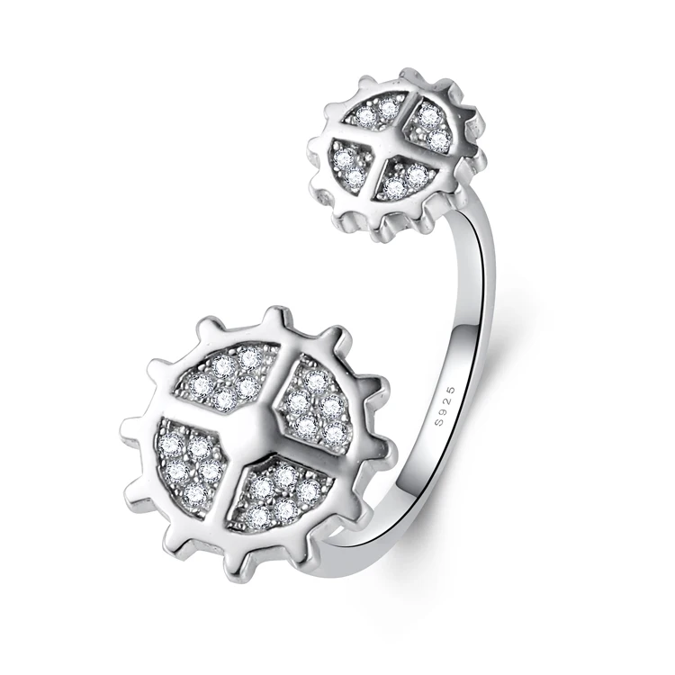 Hip hop style double flywheel ring gear silver rings women 925 sterling open rings