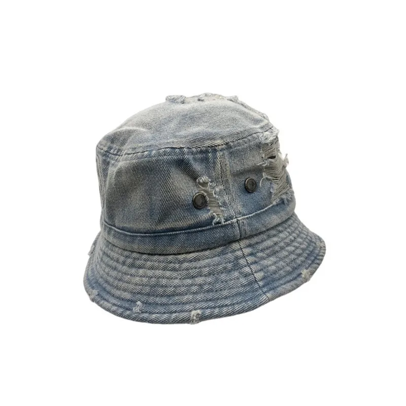 Japanese-Style Distressed Denim Korean Versatile Ripped Wide-Brimmed Hat for Men and Women Hip-Hop Streetwear Sun Protection Fis