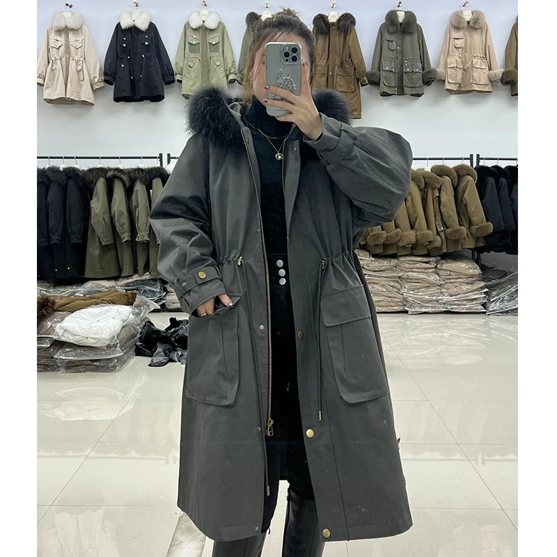 2021 winter parka rabbit fur long coat with long sleeve and fox fur hood trim for women