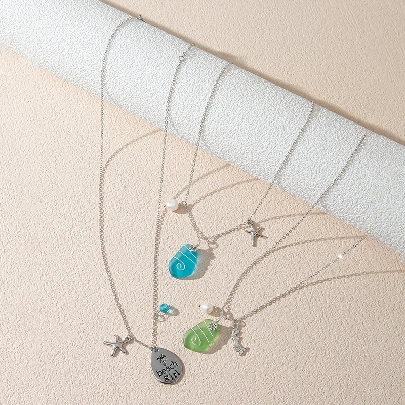 Beach Ocean Style Sea Horse Starfish Dolphin Turtle Shell Alloy Pendant Pearl Necklace Jewelry Colorful Sea Glass Necklace