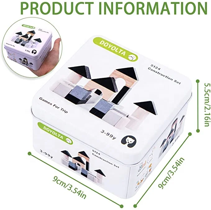 Montessori Toys Wooden Blocks Construction Building Toys Set Travel Toys in Tin Box for Toddlers Over 3 Years Old